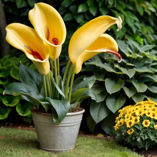 Солнечный сад с яркими каллами, инструментами для садоводства и диаграммой деления ризомы.