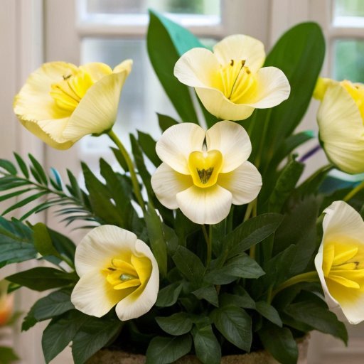 Цветущий эустома в стильном интерьере с удобрениями на фоне яркого света.