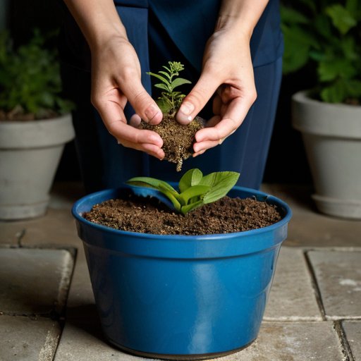 Фиолетовое растение в горшке с системой капиллярного полива.