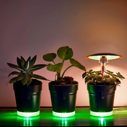 Уютный подоконник с рассадой под LED-лампой, садовые инструменты и лейка.