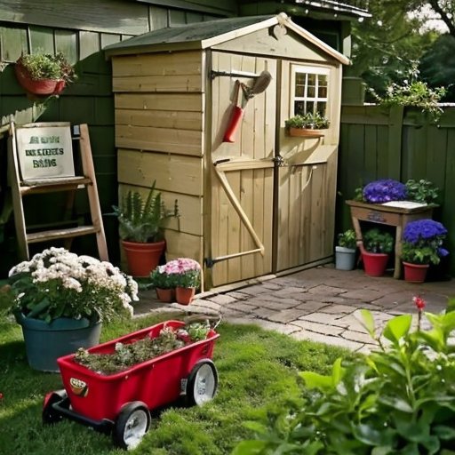 Упорядоченный садовый сарай с принадлежностями для садоводства и коробкой Фитоспирина.