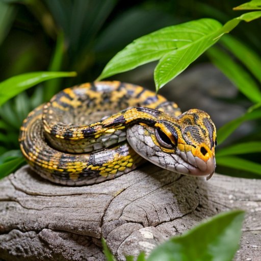 Змейка в ярком скалистом habitat, среди камней и растительности.