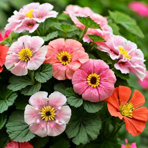 Яркий сад с цветущими геранями и зелеными листьями под ясным небом.