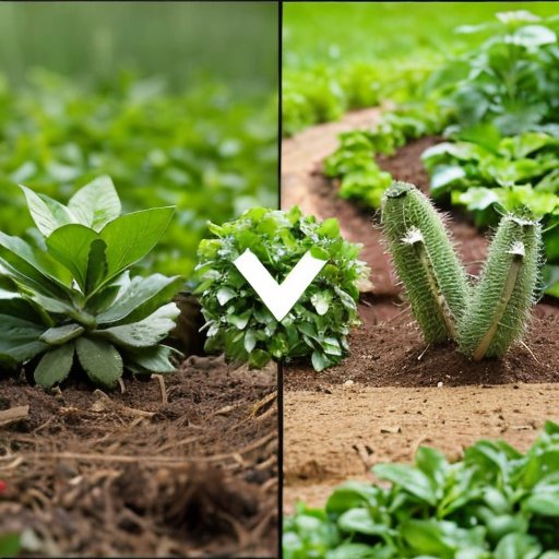 Поле, разделенное на две половины: одна с зелеными растениями в плодородной почве, другая с сухой почвой и увядшими растениями, символизирующая влияние глифосата.