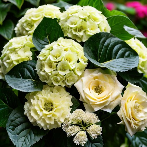 Внутренний и садовый гортензии: яркие цветы и зелень.