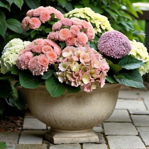 Два садовых клумбы: одна с яркими гортензиями, другая с компактными горшечными растениями.