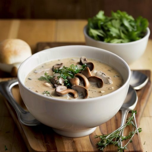 Крем-суп из грибов в стильной чаше с зеленью и трюфельным маслом на фоне уютной кухни.