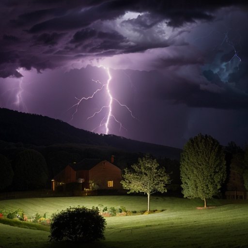 Драматическая сцена апрельской грозы с темными облаками и молниями, на фоне зеленого пейзажа и силуэта дома с громоотводами.