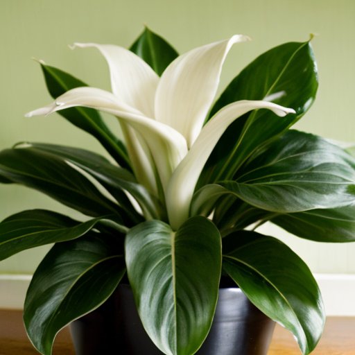 Зеленый хлорофитум в стильном интерьере с изогнутыми листьями и белыми цветами.