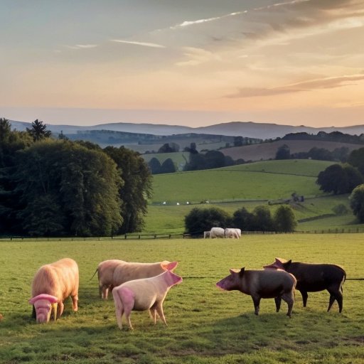Спокойный фермерский пейзаж на рассвете с деревянным сараем, зелеными полями и отдыхающими свиньями на соломе.