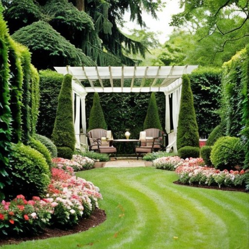 Сад в тени туи с яркими многолетниками и цветами.