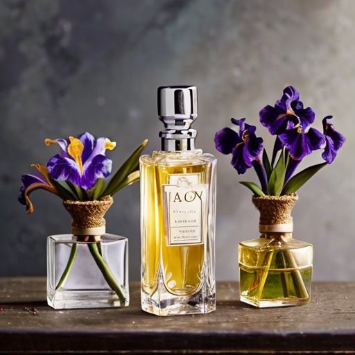 Элегантная натюрморт с фиолетовыми ирисами и винтажными флаконами духов.