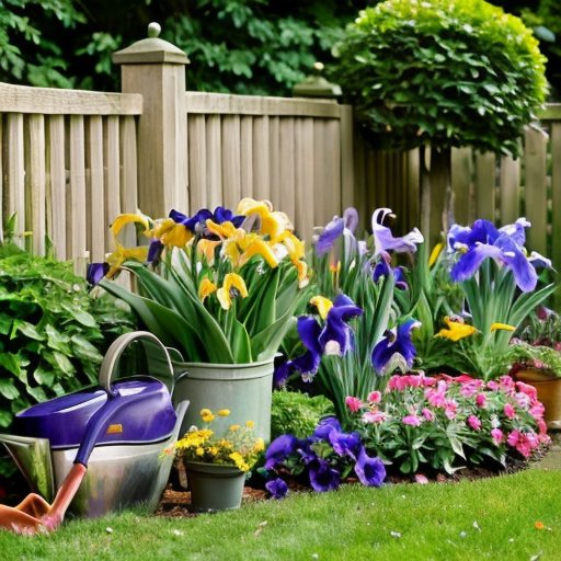 Сад с яркими ирисами, инструментами для садоводства и деревянной табличкой