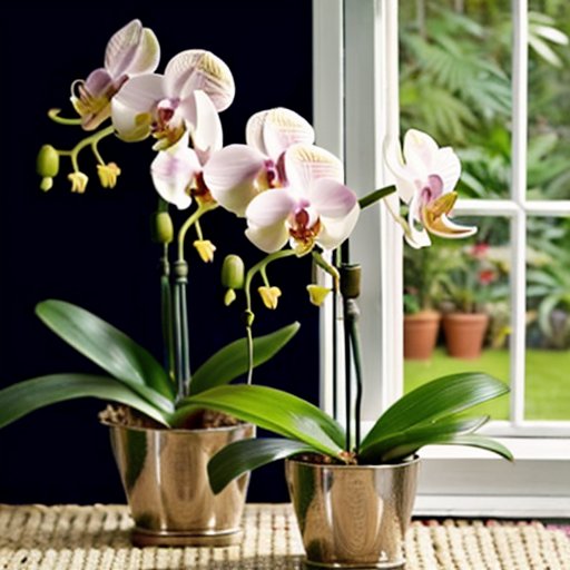 Орхидея с яркими цветами в светлом интерьере, окруженная инструментами для ухода.