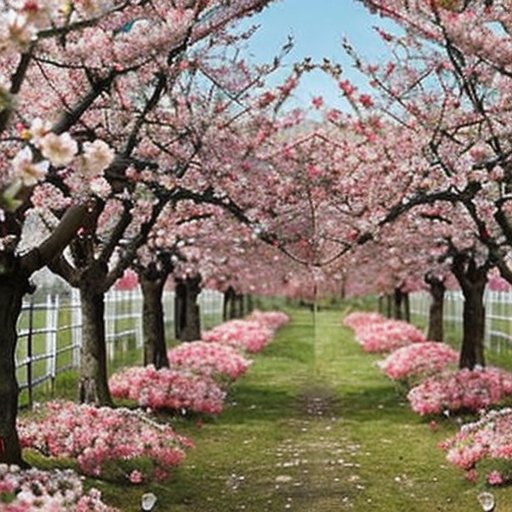 Вишневый сад в цвету с белыми и розовыми цветами, инструменты для опыления на переднем плане, ясное голубое небо.