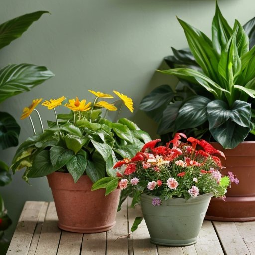 Яркий интерьерный сад с разнообразными бальзаминами в декоративных горшках и инструментами для ухода.