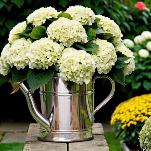 Цветущий сад с гортензией, садовыми инструментами и деревянной скамейкой.