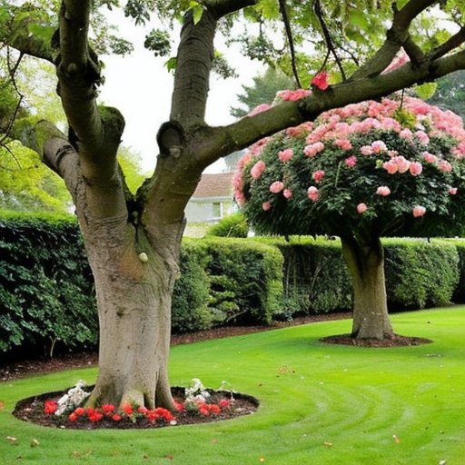 Спокойный сад с деревом шелковицы и процессом прививки. Рабочее место с инструментами для прививки и зеленью.