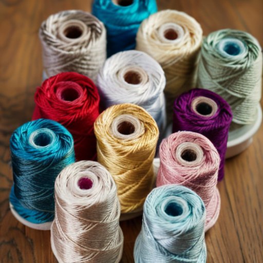 Разнообразные катушки пряжи с названиями узлов, игла и крючок на уютном фоне.