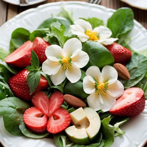 Красиво оформленный салат на деревянном столе с зелеными листьями, съедобными цветами, фруктами и орехами.
