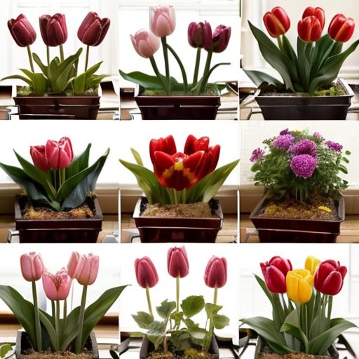 Яркий интерьерный сад с цветущими тюльпанами, горшками на полках и элементами контроля условий.