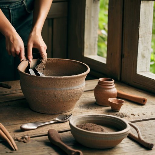 Рустикальная мастерская гончара с деревянным столом, глиной, инструментами и эскизами печи.