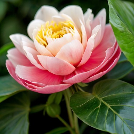 Цветущая древовидная пион с зелеными листьями и корнями, проникающими в плодородную почву.