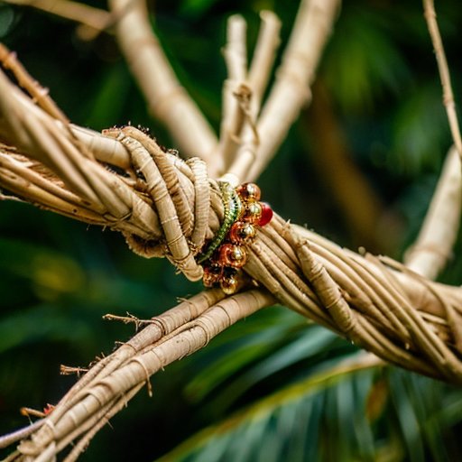 Изображение плетёной пальмы из ивы на деревянном столе с инструментами для рукоделия и декоративными элементами.