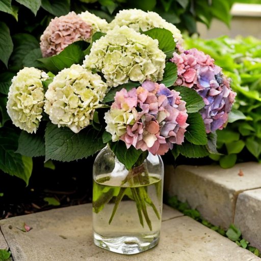 Сад ярких гортензий с бутылкой янтарной кислоты на переднем плане.