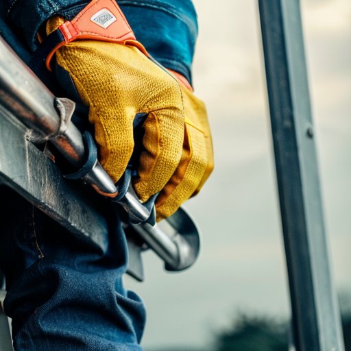 Организованное рабочее место для подъема тяжестей с лестницей, ремнями и безопасными техниками.