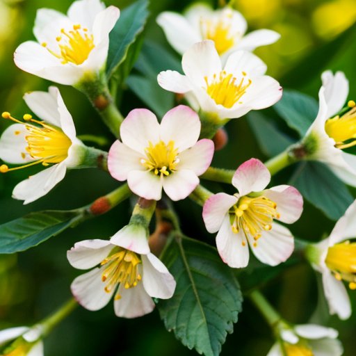 Цветущий сад с деревом кизила, окружённым пчёлами и бабочками на фоне яркого голубого неба.