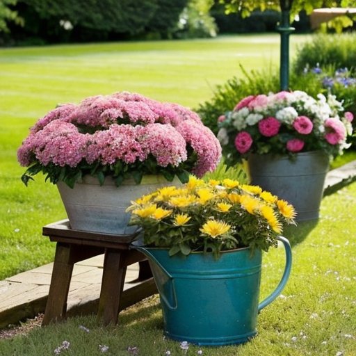 Яркий сад с цветущими астрами, инструментами для садоводства и поливочным ведром на фоне солнечного неба.