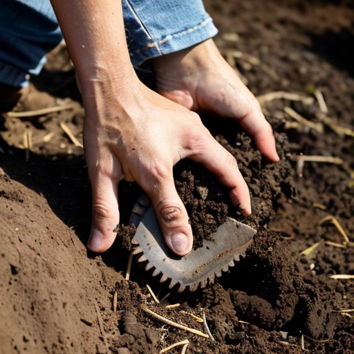 Плодородный чернозем с вспаханной землёй, инструментами и органическими материалами под ясным небом.