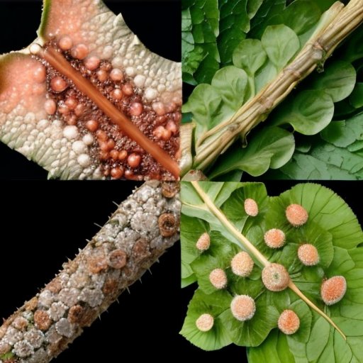 Близкий план гниющих растительных тканей с признаками инфекции фитофторы, темные пятна и плесень на фоне влажной земли, с микроскопическими спорами грибов и термометром.