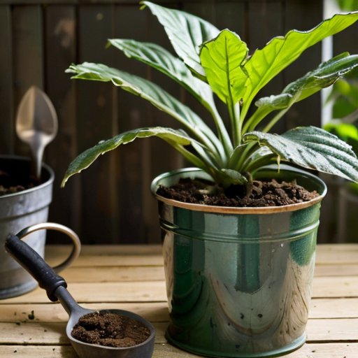 Здоровое комнатное растение с инструментами для ухода: лейка, мешок с землёй, маленькая лопата и натуральные средства защиты от вредителей на фоне светлого интерьера.