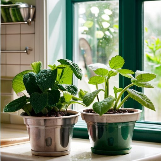 Солнечный подоконник кухни с яркими ростками огурцов, лейкой и удобрениями.