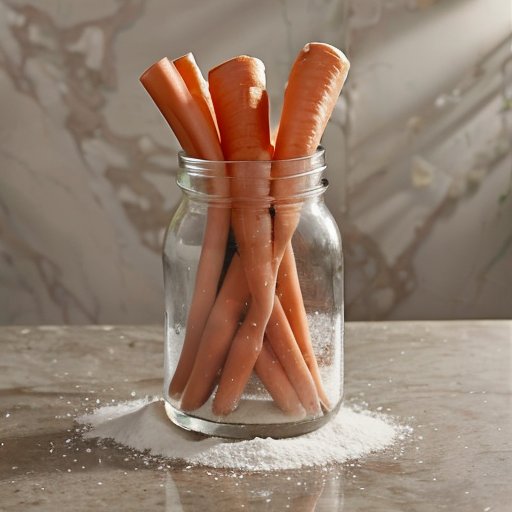 Стеклянная емкость с белым крахмальным раствором и сухим крахмалом на фоне садовых инструментов и семян моркови.