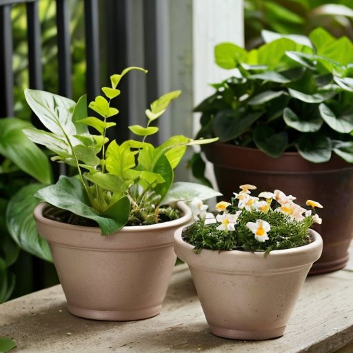 Солнечный сад с растениями Бакопа в горшках и садовыми инструментами, акцент на размножение черенками.