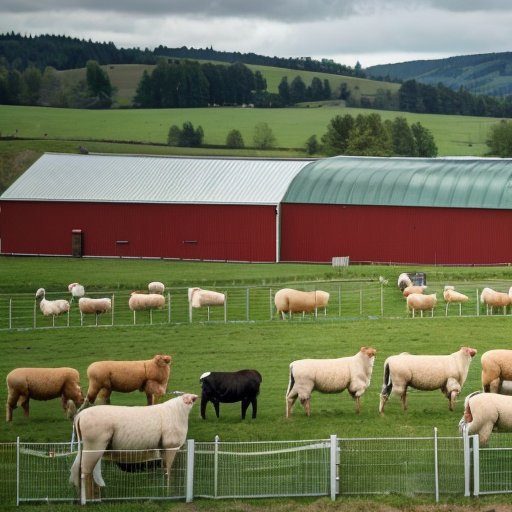 Современный фермерский ландшафт с скотом, сеновалами и рынком свежих продуктов.