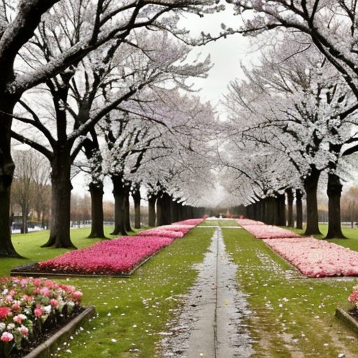 Пейзаж весны с контрастом зимы и весны: снег, голые деревья и облачное небо слева; цветы, зелёная трава и ясное небо справа.