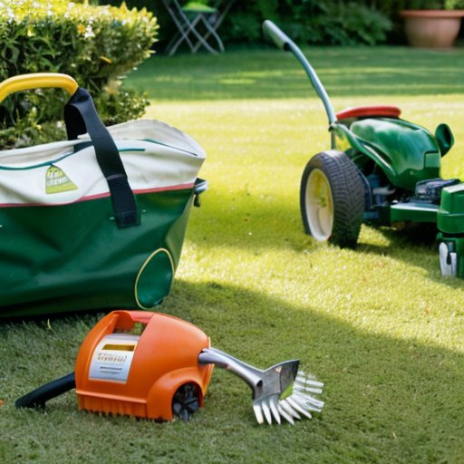 Ухоженный газон с здоровой травой и участками пирея, инструменты для удаления и гербицид на переднем плане.