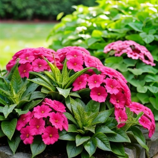 Яркий сад с цветущими вербенами, садовыми инструментами и солнечным небом.