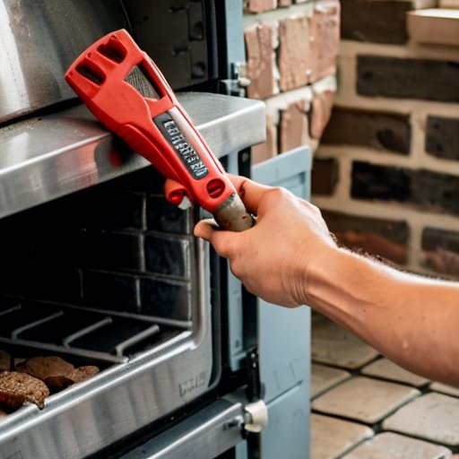 Запечатка двери кирпичной печи термостойким герметиком в rustic кухне.