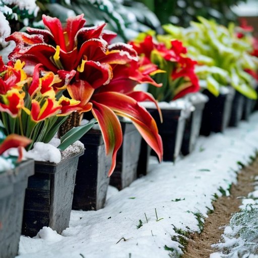 Зимний сад с луковицами канны под снегом и табличкой