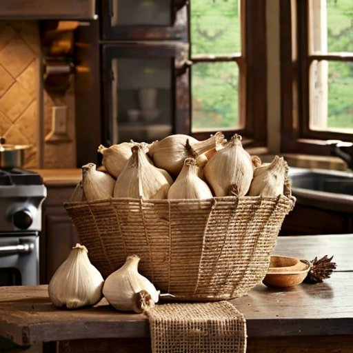 Сцена уютной деревенской кухни с проросшими зубчиками чеснока на деревянном столе и натуральными контейнерами для хранения.