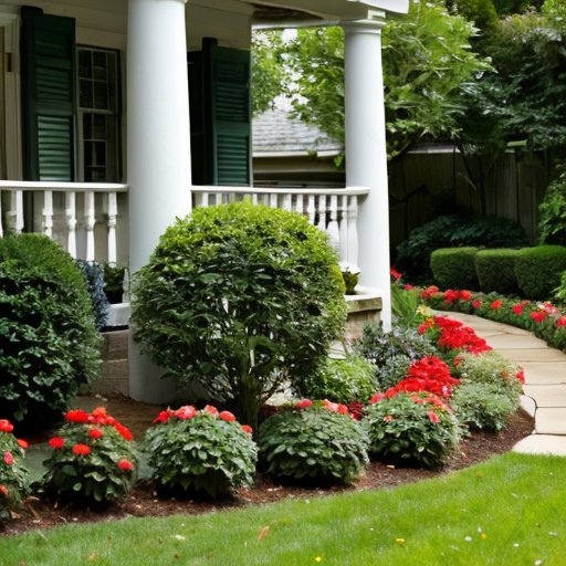 Спокойный сад с свежей мульчей, яркими растениями и инструментами для ухода.