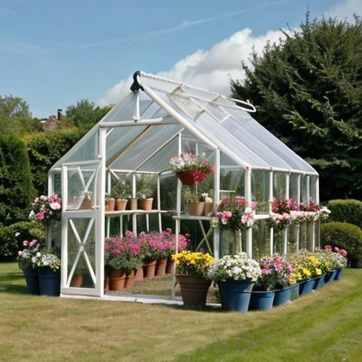 Устойчивый теплица с металлическими и пластиковыми дугами, инструментами и подготовленным садом на фоне.