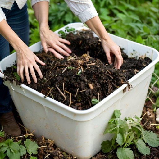Качественная компостная куча под солнечным светом в саду с яркими растениями.