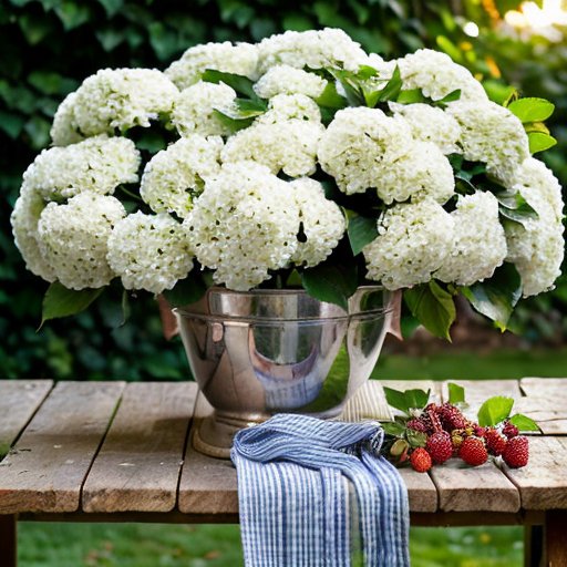 Куст калины с яркими ягодами на фоне солнечного дня, рядом садовые ножницы и перчатки.