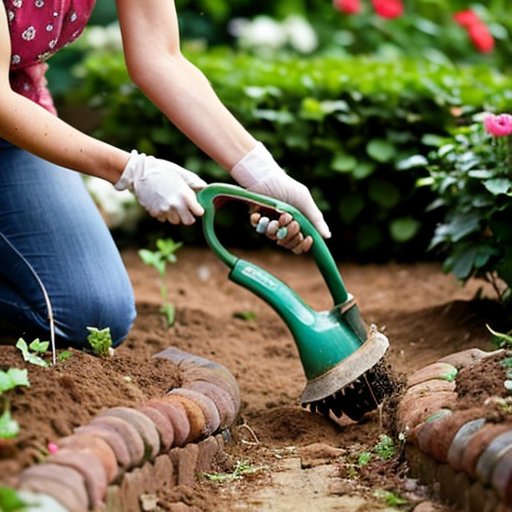 Весенний сад с только что пересаженной розой в богатой почве, окружённый цветами и зеленью.